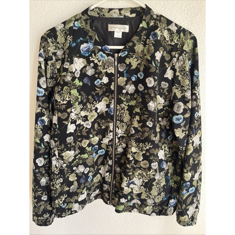 Christopher & Banks Lightweight‎ Zip Jacket  Floral Green Bomber Size Medium